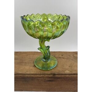 Dish Candy Indiana Carnival Glass-Iridescent Green Lotus Blossom Footed Vintage